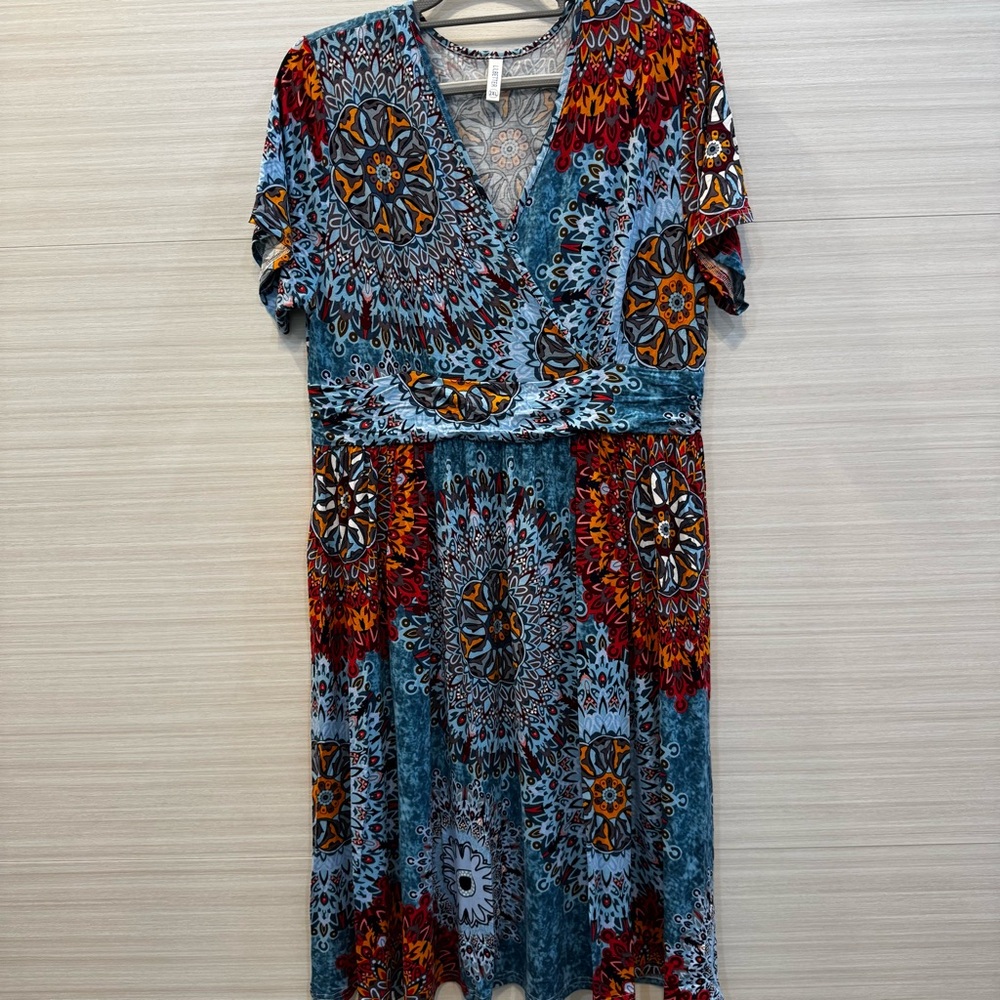 Lilbetter Floral Medallion Teal & Red Wrap Midi Dress with Pockets 2XL